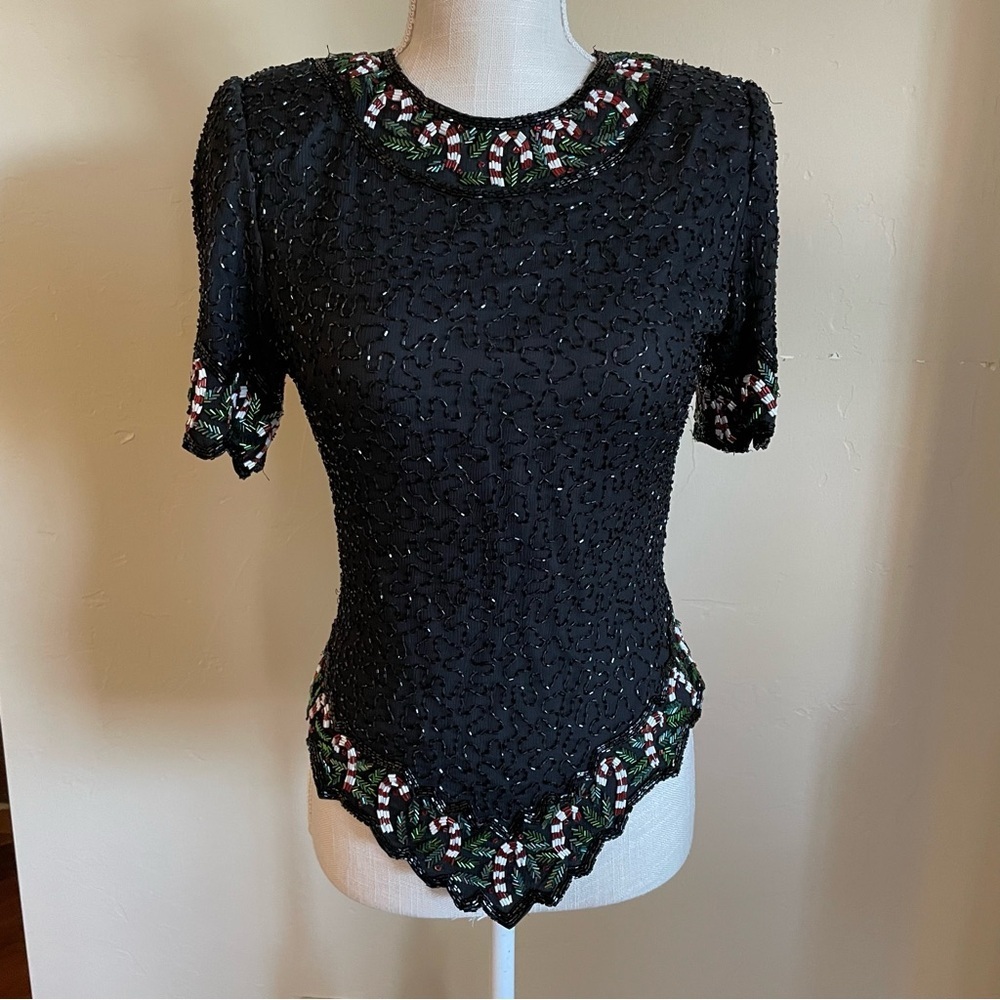 Vintage Laurence Kazar Black Silk Beaded Top Candy Cane Festive Holiday Evening